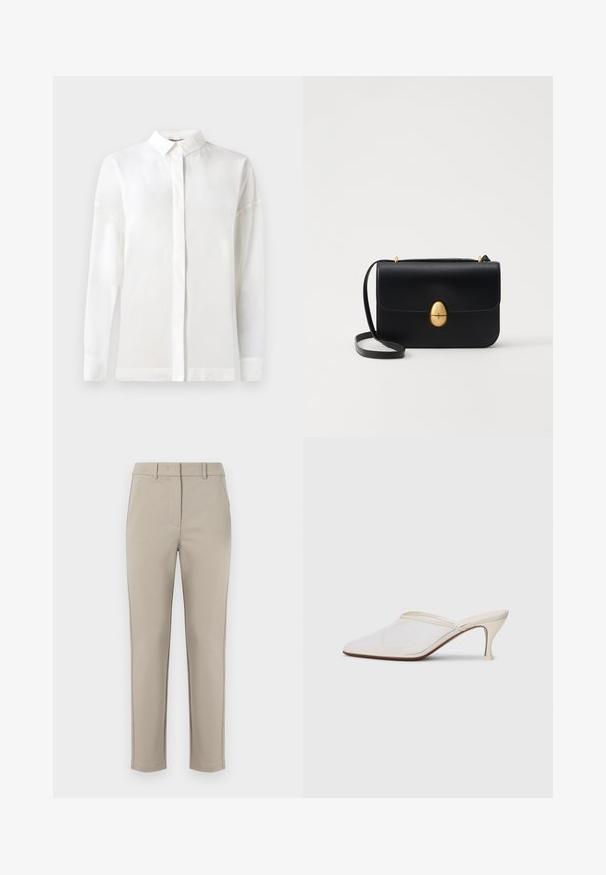 Valge pika varrukaga särk nupulisoe kraega, sileda tekstuuri, sirge lõike ja peidetud nööpide rida. Pehme, kerge kangas ilma mustriteta.; MM by MaxMara EFFETTO - Püksid - sand; Valge võrkmaterjalist teravatoa mulli king, millel on peen keskmise kõrgusega konts ja libisev disain, tühjal taustal.; Must kase nahast käekott, millel on struktureeritud ristkülikukujuline kuju. Omab kuldset ovaalset lukku ja õhukest õlavarre rihma. Sile tekstuur.
