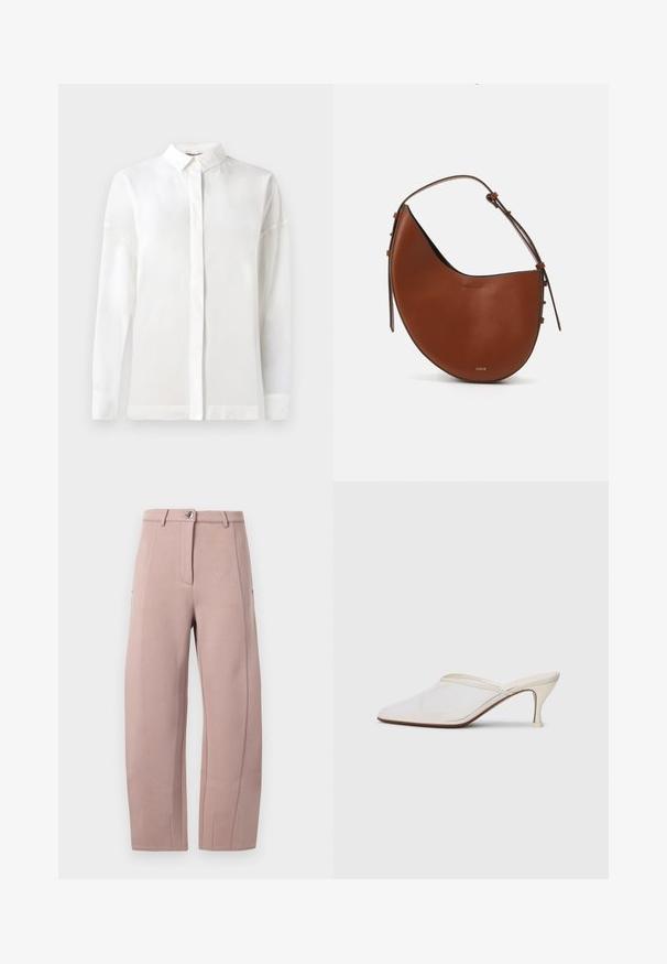 Cămașă albă cu mânecă lungă, cu guler cu nasturi, textură netedă, croială dreaptă și placket ascuns. Material moale, ușor, fără modele.; Pantaloni dintr-un material moale, de culoare roz deschis, cu croială dreaptă, având fermoar în față, închidere cu nasture și buzunare laterale. Textură netedă cu detalii de cusătură.; Mule alb cu plasă, cu vârf ascuțit, toc subțire de înălțime medie și design slip-on, pe un fundal simplu.; Geantă de umăr din piele maro, cu o formă de semilună, curea subțire maro și accente subtile din aur. Prezintă o textură netedă și cusături minime.