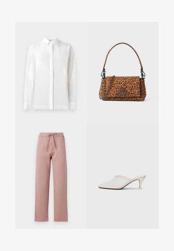 Cămașă albă cu mânecă lungă, cu guler cu nasturi, textură netedă, croială dreaptă și placket ascuns. Material moale, ușor, fără modele.; Pantaloni de trening dintr-un material moale de culoare roz pal, având un talie cu șnur, un design cu picioare largi și un tiv drept cu detalii de cusătură discrete.; Mule alb cu plasă, cu vârf ascuțit, toc subțire de înălțime medie și design slip-on, pe un fundal simplu.; Geantă de mână cu imprimeu leopard, realizată din suede, cu o mânere scurtă, un curea din lanț și un închizător din metal negru. Formă rectangulară cu închidere prin clapetă.