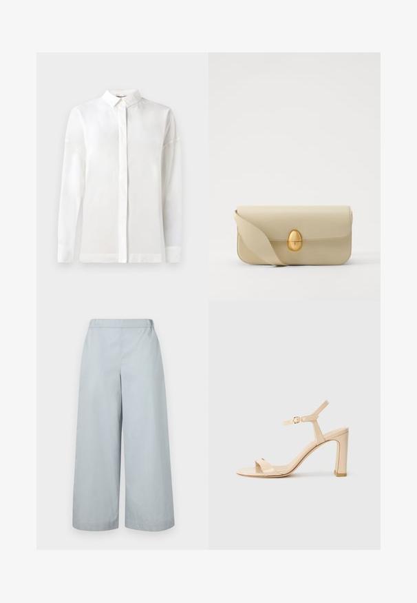 Balta ilga rankovė marškiniai su sagomis ant apykaklės, lygaus paviršiaus, tiesaus kirpimo ir paslėptu sagstymu. Minkšta, lengva medžiaga be raštų.; MM ANTILLE - Kelnės - light blue; Šviesiai rudos spalvos aukštakulniai sandalai su kulkšnies dirželiu ir auksiniu užsegimu, atvira nosimi ir blokuotu kulnu ant balto fono.; Bežinė odinė rankinė su lygiu paviršiumi, stačiakampio formos ir auksiniu ovaliu užsegimu. Yra ilga, reguliuojama petneša.