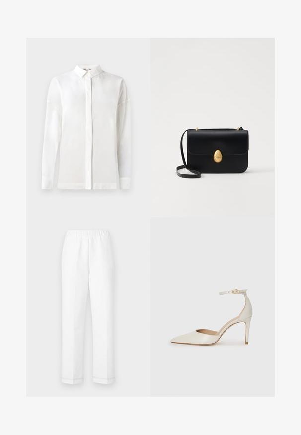 White long-sleeve shirt with a buttoned collar, smooth texture, straight cut, and hidden placket. Soft, lightweight fabric with no patterns.; White pants with an elastic waistband, straight cut, and subtle stitching detail at the hem. Made from a lightweight, breathable fabric.; White leather high-heeled shoe with a pointed toe, ankle strap, and a slim stiletto heel. Smooth texture with subtle glossy finish.; Black leather handbag with a structured rectangular shape. Features a golden oval clasp and a thin shoulder strap. Smooth texture.