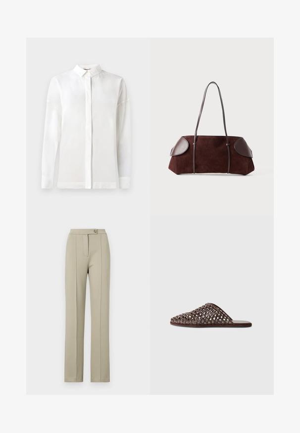 Balta ilga rankovė marškiniai su sagomis ant apykaklės, lygaus paviršiaus, tiesaus kirpimo ir paslėptu sagstymu. Minkšta, lengva medžiaga be raštų.; Smėlio spalvos pritaikyti kelniai su tiesia siluetu, su priekiniais užtrauktukais, vieninteliu mygtuko užsegimu ir subtiliai presuotomis raukšlėmis priekinėse kojose.; Rudos pynimo dizaino šlepečiai su apvaliu priekiu, atvira struktūra, plokščiu padu ir tekstūruota paviršiumi. Lengvas audinys ir minimalistiška siluetas.; Rudas zomšos maišas su odiniais akcentais, struktūrinė forma, dvi pečių rankenos ir apskriti kampai, pasižymintis lygiu paviršiumi ir minimaliais aksesuarais.