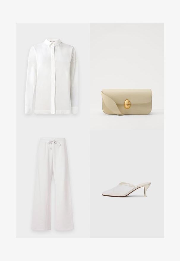 Balts garais piedurkņu krekls ar pogātu apkakli, gluda tekstūra, taisna piegriezuma un slēptu pogu aizdari. Mīksts, viegls audums bez rakstiem.; Gaiši rozā, platajā kāju sporta bikses ar savelkamu jostu, izgatavotas no mīksta auduma; tām ir gluda virsma un nav redzamu rakstu vai apdrukas.; Baltas austs punka purngals mūlis ar šauru vidēji augstu papēdi un uzvelkamu dizainu uz vienkārša fona.; Beige krēma ādas somiņa ar gludu tekstūru, taisnstūra formu un zelta ovālu aizdari. Aprīkota ar garu, regulējamu siksnu.