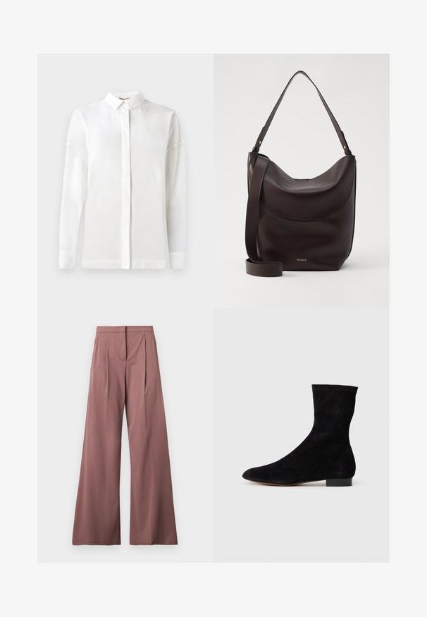 Hvid langærmet skjorte med knapkrave, glat tekstur, lige snit og skjulte knapper. Blødt, letvægtsstof uden mønstre.; Bredde benbukser i en dæmpet rosenfarve, lavet af glat stof med frontfolder og en enkelt sidelomme. Simpel, elegant design.; Sorte suedestøvler til anklerne med en tætsiddende skaft, spids tå og lav blokhæl. Glat tekstur og minimalistisk design, velegnet til alsidig styling.; Mørkebrunt læder skuldertaske med en buet silhuet, justerbar rem og subtilt guldlogo. Glat tekstur med minimale detaljer.