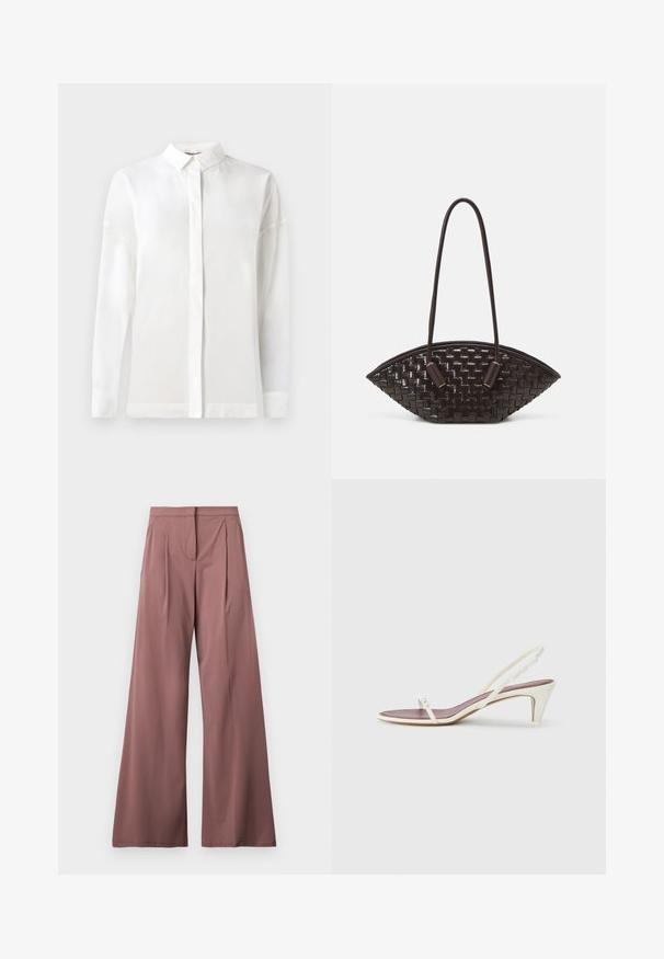Weißes Langarmhemd mit Knopfleiste, glatter Textur, geradem Schnitt und verdeckter Knopfleiste. Weicher, leichter Stoff ohne Muster.; Weite Hose in einem sanften Rosaton, aus glattem Stoff mit vorderen Falten und einer seitlichen Tasche. Schlichtes, elegantes Design.; Weiße Slingback-Sandalen mit einem leichten Absatz, dünnen Riemen und einer glatten Ledertextur; verfügen über eine kleine dekorative Schnalle.; THEMOIRè OLIMPIA - Handtasche - fondant
