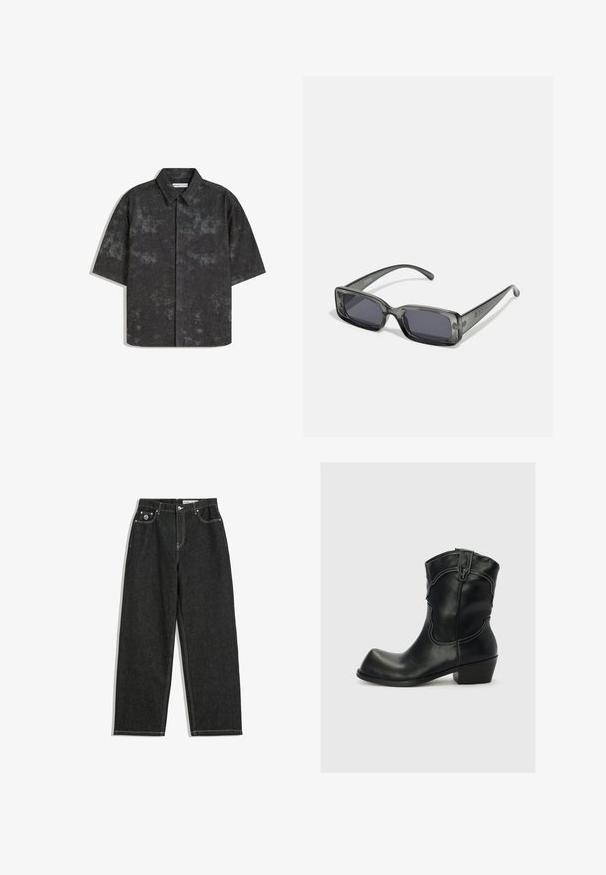 Kratke rokave, s preklopom, siva srajca z teksturirano tkanino in subtilnim marmoriranim vzorcem. Ima koničast ovratnik in ravno obrobo.; Črne ravne hlače iz jeansa z belim šivanjem, zasnova s petimi žepi, zapiranje na gumb in zadrgo, ter majhna logotip na sprednjem desnem žepu.; Črne usnjene gležnjarje z zaobljenim vrhom, belim šivom in kvadratnim nosom. Imajo nizko blokasto peto in dekorativne stranske detajle.; Prizmatične sončne očala s pravokotnim okvirjem iz prosojnega temno sive barve, temnimi lečami in ozkimi ročaji. Opazna podrobnost logotipa na okvirju.