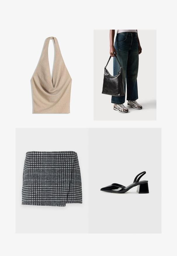 Beige halter neck top met een gedrapeerde couvneckline en een zachte, glanzende stoftextuur.; Wollen mini-jurk met een zwart-wit houndstooth patroon, rechte snit met een lichte asymmetrische zoom en textuurstof.; Zwarte gepatineerde leren slingback hakken met een spitse neus en een geometrische blokhak. Kenmerkt zich door een slank, minimalistisch ontwerp en een gladde textuur.; Zwarte leren schoudertas met een gladde textuur en een verstelbare strap, gecombineerd met vervaagde wijde jeans en sportieve sneakers.