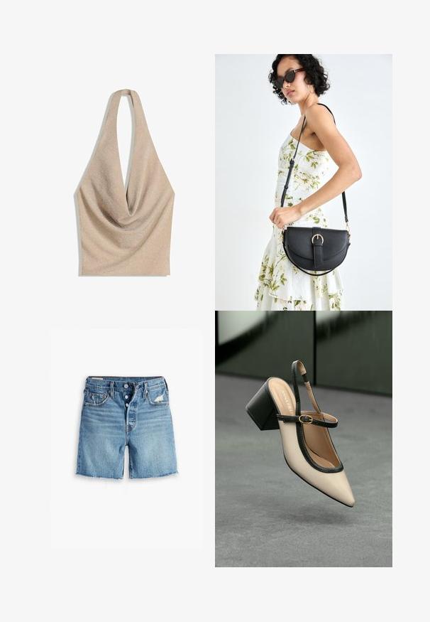 Beige halterneck-top, jossa on roikkuva cowl-pääntie ja pehmeä, kiiltävä kangas.; Vaaleansiniset farkkushortsit, joissa on risat reunat, nappikiinnitys ja viisi taskua. Edessä on pieniä kulutuksia.; Beige satiininilkkainen korkokenkä, jossa on kärkiosa käyrästi terävä, mustat reunukset ja solkisomiste. Sileä materiaali mattapintaisena, keskikorkea lohkokorko.; Musta nahkainen käsilaukku, joka on kaareva muotoilultaan, irrotettavalla hihnalla ja kultaisilla yksityiskohdilla. Laukussa on läppä, jossa on solk yksityiskohta.