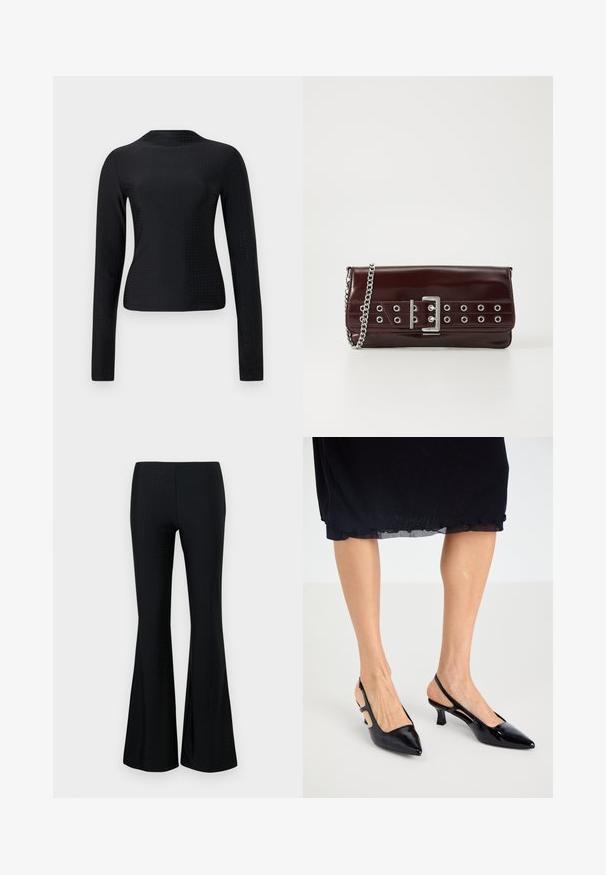 Svart langermet topp laget av glatt tekstil, med et perforert mønster over hele plagget og en enkel rund utringning.; Sorte flagrende bukser laget av lett materiale, med et subtilt perforert mønster. Silhuetten er tettsittende gjennom låret og flagrer nederst.; Sorte patent lær slingback hæle med spids tå, kitten hæl og udskæringsdetaljer på siderne. Glat tekstur med blank finish.; Burgunder faux skinn clutch med en sølvfarget kjede stropp, med en spenne-design og metalløye langs fronten for ekstra detaljer.