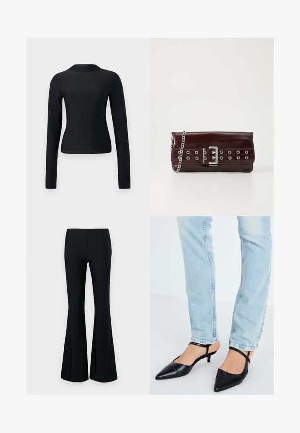 Črna dolga majica z dolgimi rokavi, izdelana iz gladkega tekstila, ki vsebuje perforiran vzorec po celotni površini in preprost okrogli izrez.; Črne razširjene hlače iz lahkega blaga, ki imajo subtilen perforiran vzorec. Silhueta je prilegajoča skozi stegna, razširjena na dnu.; Črne usnjene sandale s koničastim prstom, nizkim kitten petami in trakom okoli gležnja, v kombinaciji z svetlo modrimi džins hlačami.; Burgundska clutch iz umetne kože s srebrnim verižnim trakcem, ki ima obliko zaponke in kovinske luknjice po sprednji strani za dodaten detajl.