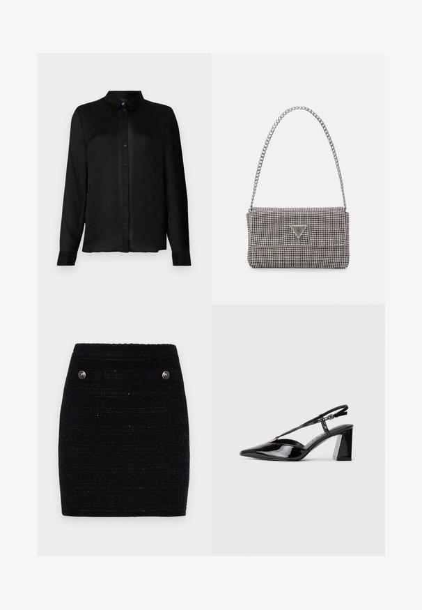 Camicia nera a maniche lunghe con bottoni, dotata di colletto, che presenta un sottile motivo testurizzato e bottoni neri lungo la pattina frontale.; Gonna nera con texture, caratterizzata da strisce orizzontali, tasche frontali decorative con bottoni in tonalità argento e una silhouette aderente.; Scarpe con tacco alto in vernice nera, con punta appuntita, cinturino regolabile e tacco rettangolare chunky.; Borsa a mano metallica grigia chiara con tracolla a catena, impreziosita da piccoli chiodi metallici circolari e da un logo triangolare del marchio.