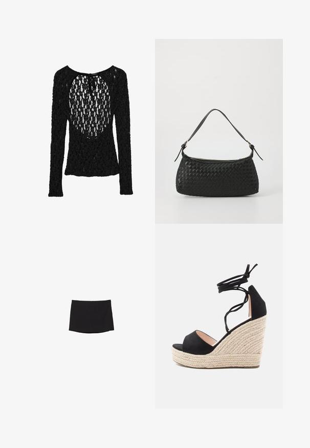 Haut noir à manches longues avec un design en tricot texturé et ajouré, présentant un décolleté large en scoop et une fermeture à lien dans le dos.; Minijupe noire en tissu lisse et extensible ; présente une coupe droite avec un ourlet subtil et sans fermetures ni motifs visibles.; Sandales à talons compensés en suède noir avec une plateforme en jute tissé, dotées de brides croisées à la cheville et d'un design à bout ouvert.; Sac à épaule tissé noir avec une bandoulière en cuir lisse et une fermeture éclair. Présente une surface texturée et une forme courbée.