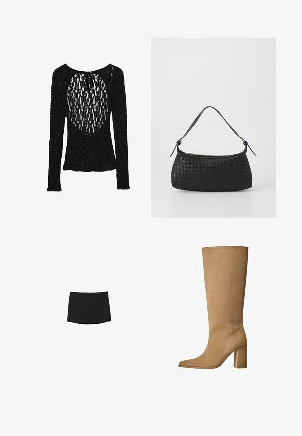Musta pitkähihaista paita, jossa on teksturoitu, avoin neulekuvio, leveä pyöreä pääntie ja solmittava suljenta takana.; Musta minihame, joka on valmistettu sileästä, joustavasta kankaasta; siinä on suora leikkaus, huomaamaton helma ja ei näkyviä kiinnittimiä tai kuvioita.; Vaaleanruskeat mokka pitkävartiset saappaat, joissa on loiva korko, terävä kärki ja sileä pinta. Minimalistinen muotoilu ilman koristeita.; Mustan kudotun olkalaukun, jossa on sileä nahkahihna ja vetoketjukiinnitys. Mahdollistaa teksturoituneen pinnan ja kaarevan muodon.