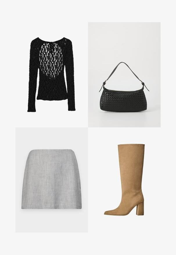 Maglietta nera a maniche lunghe con un design in maglia aperta e testurizzata, caratterizzata da un ampio scollo a barchetta e una chiusura a fiocco sul retro.; Gonna grigia con un tessuto liscio e texture, caratterizzata da un taglio dritto e senza decorazioni visibili. Design semplice e minimalista.; Stivale al ginocchio in suede beige con tacco a blocco, caratterizzato da una punta affusolata e una superficie liscia. Design minimalista senza decorazioni.; Borsa a spalla nera intrecciata con tracolla in pelle liscia e chiusura con zip. Presenta una superficie texturizzata e una forma curvata.