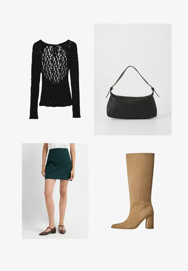 Schwarzes langärmliges Oberteil mit einem strukturierten, offenen Maschenmuster, das einen weiten Rundhalsausschnitt und eine Krawattenverschluss am Rücken aufweist.; Grüner taillierter Minirock mit glatter Textur und strukturiertem Bund, kombiniert mit braunen T-Riemen-Schuhen im Schlangenlederlook.; Hellbraune Wildleder-Stiefel bis zum Knie mit Blockabsatz, spitz zulaufender Zehenform und glatter Textur. Minimalistisches Design ohne Verzierungen.; Schwarze geflochtene Schultertasche mit einem glatten Ledertragegurt und Reißverschluss. Verfügt über eine strukturierte Oberfläche und eine gebogene Form.