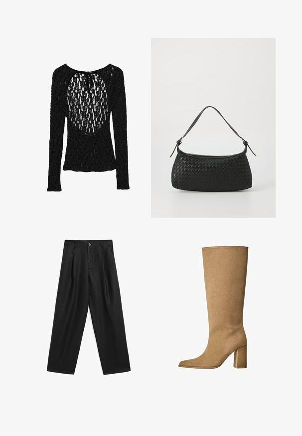 Svart långärmad topp med ett texturerat, öppet stickat mönster, med en vid rund halsringning och en knytning i ryggen.; Svarta linbyxor med vid bendesign, framfickor, knappstängning och sidofickor för funktionalitet.; Tan mockasins knähöga stövlar med blockklack, med spetsig tå och slät textur. Minimalistisk design utan utsmyckningar.; Svart vävd axelväska med ett slätt läderhandtag och dragkedjestängning. Har en strukturerad yta och en böjd form.