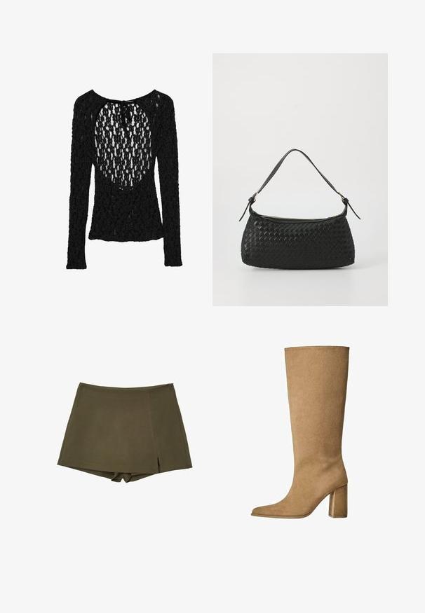 Maglietta nera a maniche lunghe con un design in maglia aperta e testurizzata, caratterizzata da un ampio scollo a barchetta e una chiusura a fiocco sul retro.; Pantaloni corti verde oliva con una texture liscia, una vita piatta e una cerniera laterale. Presentano un delicato dettaglio a spacco vicino all'orlo.; Stivale al ginocchio in suede beige con tacco a blocco, caratterizzato da una punta affusolata e una superficie liscia. Design minimalista senza decorazioni.; Borsa a spalla nera intrecciata con tracolla in pelle liscia e chiusura con zip. Presenta una superficie texturizzata e una forma curvata.