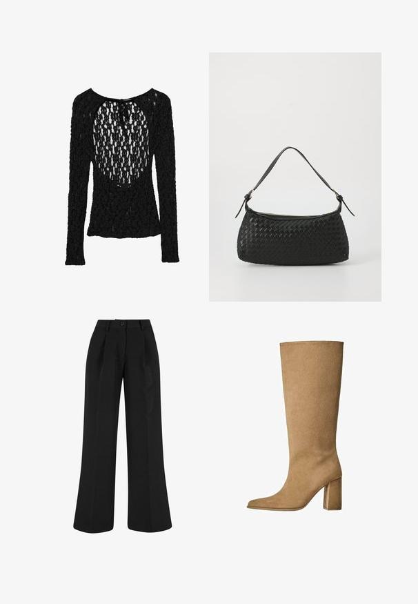 Zwarte longsleeve top met een textuur, open breisel ontwerp, voorzien van een brede ronde halslijn en een striksluiting op de rug.; Zwarte wijde broek met voorplooien, gemaakt van een gladde stof. Heeft een knoopsluiting en een getailleerd ontwerp.; Tan kleurige suède laarzen tot de knie met een blokhak, voorzien van een spitse neus en een gladde textuur. Minimalistisch ontwerp zonder versieringen.; Zwarte geweven schoudertas met een gladleren schouderband en rits sluiting. Heeft een gestructureerd oppervlak en een gebogen vorm.