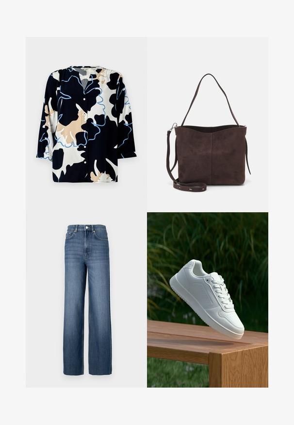 Bluză cu imprimeu floral, cu un fundal de un bleumarin închis, având accente bej și bleu deschis, cu închidere cu nasturi și mâneci trei sferturi.; Jeans din denim albastru cu talie înaltă și croială largă. Prezintă un design clasic cu cinci buzunare și detalii cu butoane metalice.; Sneaker alb cu un upper sintetic neted, cu vârf perforat, șireturi plate și o talpă texturată, expus pe o suprafață de lemn.; Geantă tote din suede maro, cu o textură moale, având un singur mânere pentru umăr și o deschidere superioară subtil curbată. Fără detalii hardware vizibile.