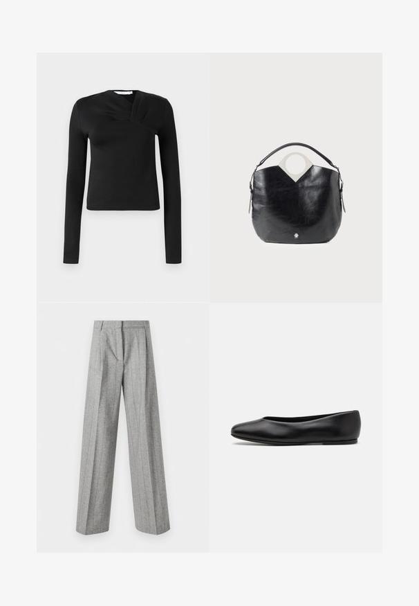 Schwarzes Langarmoberteil mit Wickeldesign, aus glattem Stoff gefertigt. Verfügt über eine cropped Länge und einen V-Ausschnitt. Keine Muster oder Akzente.; Hochtaillierte graue Hose mit vertikalen Nadelstreifen und weitem, geradem Bein, vor einem weißen Hintergrund präsentiert.; Paul Smith TOPANGA - Klassischer Ballerina - black; Schwarze Ledertasche mit geschwungener Form, kreisförmigem oberen Griff und silbernem Logo-Detail. Glatte Textur und auffälliges Ausschnittdesign.