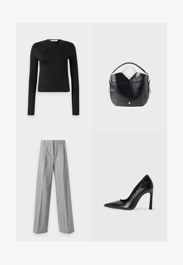 Czarny top z długim rękawem o kroju kopertowym, wykonany z gładkiego materiału. Posiada krótki fason i dekolt w kształcie litery V. Bez wzorów ani dodatków.; Szare spodnie z wysokim stanem, w pionowe prążki i szerokie proste nogawki, prezentowane na białym tle.; Czarne szpilki z ostrym noskiem, pokryte teksturą skóry krokodyla, charakteryzujące się eleganckim wzornictwem, wysokim obcasem w stylu stiletto oraz gładkim czarnym wnętrzem.; Czarna skórzana torba o zakrzywionym kształcie, z okrągłym uchwytem na górze i srebrnym logo. Gładka tekstura i wyraźna konstrukcja z wycięciem.