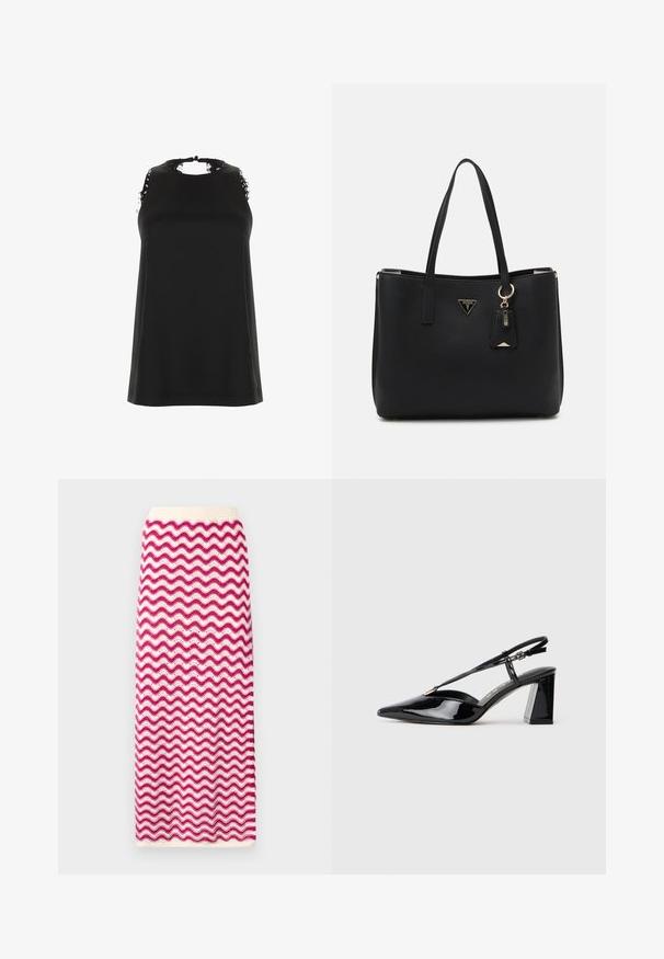 Juodas be rankovių viršus su aukštu iškirpimu, kuriame yra nutrintų nėrinių akcentų ant pečių ir lygi, švelni tekstūra.; Megzta midi sijonas su bangų raštu rožinės ir baltos spalvų. Lankstus juosmuo ir tekstūruotas paviršius. Tiesi silueto forma ir iki kulkšnies ilgis.; Juodos lakinės odos aukštakulnės basutės su smailiu pirštu, reguliuojama juosta ir storu stačiakampiu kulnu.; Juodas pirkinių krepšys, pagamintas iš tekstūruotos sintetinės medžiagos, su dviem rankenomis, auksine logotipo plokšte ir maža etikete su akcentu.