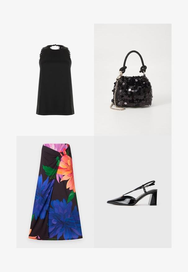 Black sleeveless top with a high neckline, featuring frayed lace accents on the shoulders and a smooth, soft texture.; Floral maxi skirt with a black background, featuring large blue and orange flowers. Knotted design at the waist with a red accent. Soft fabric.; Black patent leather slingback high-heeled shoes with a pointed toe, adjustable strap, and chunky rectangular heel.; Black sequin mini handbag with a knotted textured strap and silver chain. Rounded shape with gathered top and reflective detailing.