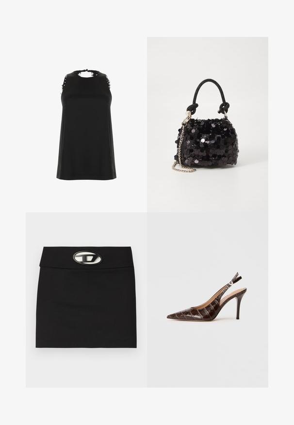 Crni bezrukavi top s visokim izrezom, s izabranim čipkastim detaljima na ramenima i glatkom, mekanom teksturom.; Crna mini suknja s ravnim strukom. Ima istaknutu metalnu kopču s logom sprijeda. Izrađena je od glatkog materijala bez vidljivih uzoraka.; Smeđe, kožne slingback cipele s reljefom u obliku krokodila, s izraženim vrhom, otvorenim stranama i tankom visokom potpeticom. Dizajnirane su s mogućnošću podešavanja pomoću kopče.; Crna mini torbica sa šljokicama, s čvorastim teksturiranim remenom i srebrnim lancem. Zaobljenog oblika s naboranim vrhom i reflektivnim detaljima.