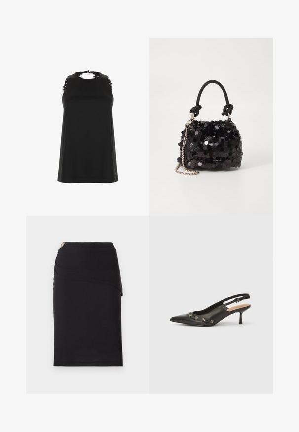 Černý top bez rukávů s vysokým výstřihem, zdobený třepícími se krajkovými akcenty na ramenou a jemnou, hladkou texturou.; Černá tužková sukně s asymetrickým designem vpředu, zdobená kovovým akcentem v pase. Vyrobena z elastického materiálu.; Černá kožená lodička se zadním páskem, špičatou špičkou, nízkým podpatkem a dekorativními kovovými detaily podél předního otevření. Hladký povrch.; Černá mini kabelka s flitry, s uzlovým texturovaným popruhem a stříbrným řetízkem. Zaoblený tvar s nařaseným vrchem a reflexními detaily.