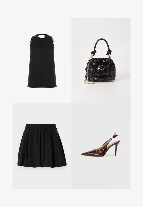 Top nero senza maniche con collo alto, caratterizzato da accenti in pizzo sfilacciato sulle spalle e una texture liscia e morbida.; Gonna nera con una vita arricciata, design svasato e tessuto morbido. Tessuto liscio senza motivi visibili o dettagli hardware.; Slingback pump in pelle marrone con effetto coccodrillo, punta appuntita, lati aperti e tacco alto sottile. Progettato con regolazione a fibbia.; Mini borsa a tracolla nera in paillettes con una tracolla texturizzata annodata e catena argentata. Forma rotonda con parte superiore arricciata e dettagli riflettenti.