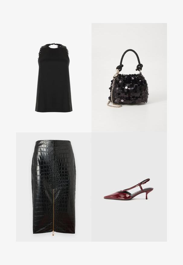 Melnā bez piedurknēm topa ar augstu kakla izgriezumu, kuram ir saplēsta mežģīņu apdare uz pleciem un gluda, mīksta tekstūra.; Melnas mākslīgās ādas zābaku svārki ar krokodila tekstūru, ar centrālo zelta rāvējslēdzēju un gludu apdari.; Spīdīga bordo krāsas ādas kurpe ar norādītu purngalu, zemu papēdi un T formas siksniņu ar sudraba sprādzi uz balta fona.; Melna spīguļota mini rokas soma ar mezglotu teksturētu siksniņu un sudraba ķēdi. Apaļa forma ar sakopotām malām un atstarojumu detaļām.