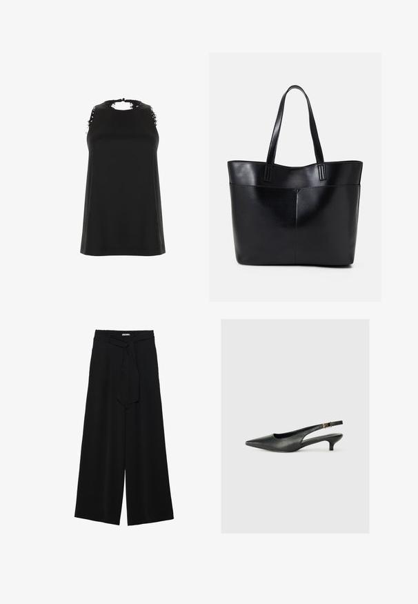 Schwarzes ärmelloses Top mit hohem Ausschnitt, das ausgefranste Spitzenakzente an den Schultern und eine glatte, weiche Textur aufweist.; Schwarze weite Hosen aus strukturiertem Stoff, mit elastischem Bund und einem abnehmbaren Bindegürtel in der Taille für eine verstellbare Passform.; Schwarzer Slingback-Schuh mit spitzem Zehenbereich aus glattem Leder. Mit einem dünnen Absatz und einer dekorativen Schnalle am verstellbaren Riemen.; Schwarze Leder-Shopper-Tasche mit zwei langen Griffen, einer glatten Textur und einer strukturierten Form. Verfügt über eine Vordertasche für zusätzlichen Stauraum.