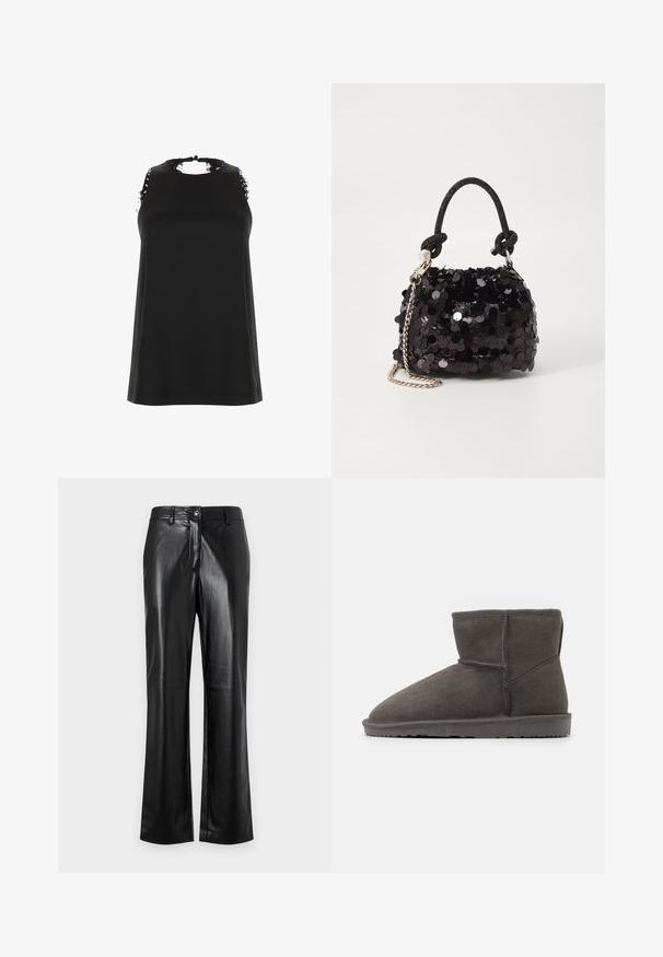 Mustamata ilma varrukat särk kõrge kaelusega, millel on kulunud pitsi aktsendid õlgadel ja sile ning pehme tekstuur.; Mustad nahkpüksid sirge jala disainiga, millel on esine nööp sulgemine, vöörihmade silmad ja sile, poleeritud tekstuur.; Halloo nahkasaapad ümarate varvaste ja pehme sisetallaga. Omab lame kummist tallat ja minimaalseid õmblusdetailide.; Must have mustrõngus mustal sädelev mini käekotil on sõlme tekstuuriga rihm ja hõbedane ketis. Ümar kuju, kokku kogutud ülaosa ja peegeldav detail.