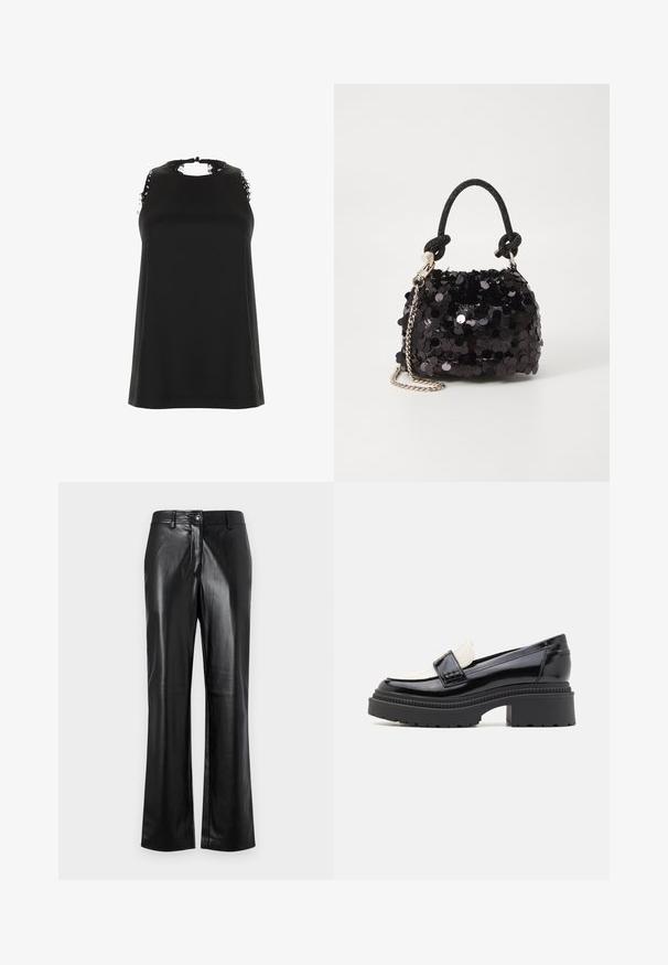 Black sleeveless top with a high neckline, featuring frayed lace accents on the shoulders and a smooth, soft texture.; Black leather pants with a straight leg design, featuring a front button closure, belt loops, and a smooth, polished texture.; Black patent leather loafers with a white leather panel, chunky black rubber sole, and slight heel. Textured stitching detail on the upper.; Black sequin mini handbag with a knotted textured strap and silver chain. Rounded shape with gathered top and reflective detailing.