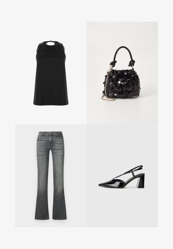 Black sleeveless top with a high neckline, featuring frayed lace accents on the shoulders and a smooth, soft texture.; Gray flared jeans made of denim, featuring a mid-rise waistband, subtle fading, and classic five-pocket design.; Black patent leather slingback high-heeled shoes with a pointed toe, adjustable strap, and chunky rectangular heel.; Black sequin mini handbag with a knotted textured strap and silver chain. Rounded shape with gathered top and reflective detailing.