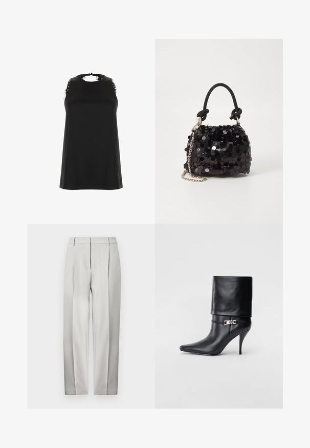 Schwarzes ärmelloses Top mit hohem Ausschnitt, das ausgefranste Spitzenakzente an den Schultern und eine glatte, weiche Textur aufweist.; Helle graue maßgeschneiderte Hose mit geradem Bein, Vorderfalten und glatter Textur. Keine sichtbaren Taschen oder Verzierungen.; Schwarze Leder-Ankle-Boots mit spitzer Zehenpartie, hohen Stiletto-Absätzen, umgeschlagenem Schaft und einem goldenen dekorativen Schnallen-Detail an der Knöchel.; Schwarze Pailletten-Mini-Handtasche mit einem geknoteten, strukturierten Tragegurt und einer silbernen Kette. Abgerundete Form mit gerafftem oberen Teil und reflektierenden Details.