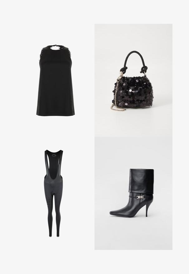 Svart ärmlös topp med hög halsringning, prydd med fransiga spetsdetaljer på axlarna och en slät, mjuk textur.; Svarta cykelbibs i stretchtyg. Har en ärmlös design, vadderad sittdyna och dekorativa sidostickningar för ventilation.; Svart läderankelstövel med spetsig tå, hög stilettklack, vikbar mudd och ett dekorativt guldfärgat spänne på ankeln.; Svart paljett mini-handväska med en knuten texturerad rem och silverkedja. Rund form med samlad topp och reflekterande detaljer.