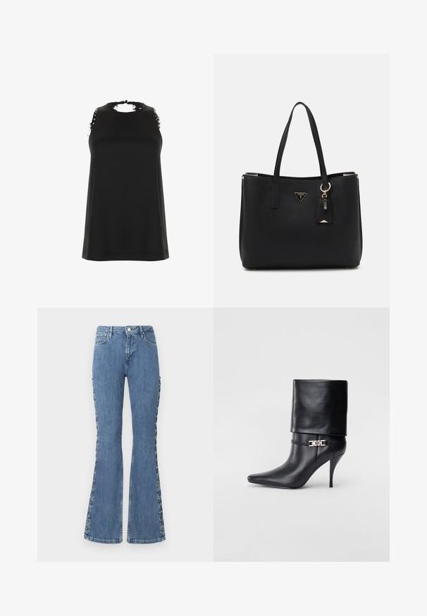Černý top bez rukávů s vysokým výstřihem, zdobený třepícími se krajkovými akcenty na ramenou a jemnou, hladkou texturou.; Modré džínové kalhoty s vysokým pasem a rozšířenými nohavicemi, vyrobené z denimu, s dekoračním šněrováním po stranách a klasickým pětipocket designem.; Černé kožené kotníkové boty s špičatou špičkou, vysokým stiletto podpatkem, ohrnovací manžetou a zlatým ozdobným přezkovým detailem na kotníku.; Černá taška přes rameno vyrobená z texturovaného syntetického materiálu, s dvojitými uchy, zlatým logem a malou visačkou s akcentem.