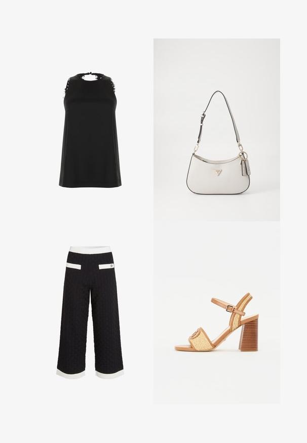 Juodas be rankovių viršus su aukštu iškirpimu, kuriame yra nutrintų nėrinių akcentų ant pečių ir lygi, švelni tekstūra.; Juodos kelnes iki blauzdų su tekstūruotu, audiniu raštu. Yra baltos akcentinės juostos juosmens ir kraštuose, taip pat dvi užpakalinės kišenės.; Rudos odinės ir audinės šiaudinės aukštakulnės šlepetės su kulkšnies juostele, atvira nosimi ir plačiu medinį primenančiu kulniuku su horizontaliais raštais.; Balta tekstūruota rankinė, kuri turi kreipinį formą, auksinę furnitūrą, nuimamą dirželį ir logotipo akcentą. Komplekte yra raktų pakabukas su prekės ženklu.