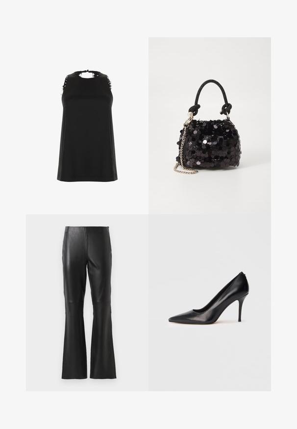 Top noir sans manches avec un col montant, présentant des accents de dentelle effilochée sur les épaules et une texture lisse et douce.; Pantalons en faux cuir noirs taille haute avec jambes évasées et détails de couture à l'avant, présentés sur un fond blanc uni.; Escarpin en cuir noir à talon haut, à bout pointu, texture lisse et design élégant. Comprend un talon fin et surélevé ainsi qu'un devant échancré.; Mini sac à main en sequins noirs avec une bandoulière texturée nouée et une chaîne argentée. Forme arrondie avec un haut froncé et des détails réfléchissants.