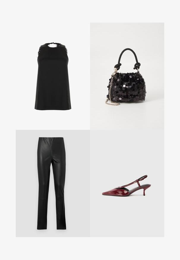 Mustamata ilma varrukat särk kõrge kaelusega, millel on kulunud pitsi aktsendid õlgadel ja sile ning pehme tekstuur.; Mustad faux nahast püksid, kitsas lõige, sile tekstuur, keskmise kõrgusega vöökoht ja sirged jalad. Pole nähtavat riistvara ega mustreid.; Kläbiv burgundi värvi läikivast nahast terava ninaga kitten kerge kontsaga slingback-jalanõud T-rihmaga ja hõbedase pandlaga valgel taustal.; Must have mustrõngus mustal sädelev mini käekotil on sõlme tekstuuriga rihm ja hõbedane ketis. Ümar kuju, kokku kogutud ülaosa ja peegeldav detail.
