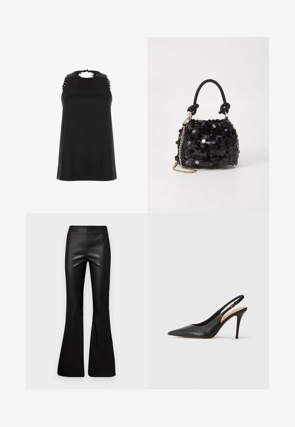 Zwarte mouwloze top met een hoge halslijn, met rafelige kantaccenten op de schouders en een gladde, zachte textuur.; Zwarte flared broek van glad, glanzend materiaal. Hooggetailleerd ontwerp met een aansluitend bovenstuk, dat uitloopt vanaf de knie.; Zwarte lederen slingback hakken met een puntige neus, een gladde textuur en een delicaat bandje met een metalen gesp.; Zwarte pailletten mini handtas met een geknoopte textuurriem en zilveren ketting. Rondvormig met een geplooide bovenkant en reflecterende details.