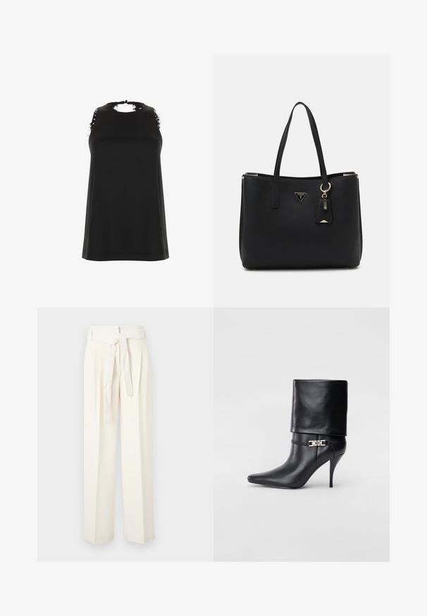 Černý top bez rukávů s vysokým výstřihem, zdobený třepícími se krajkovými akcenty na ramenou a jemnou, hladkou texturou.; Béžové široké kalhoty s páskem v pase. Vyrobené z měkkého materiálu, s plisováním a hladkým povrchem bez vzorů.; Černé kožené kotníkové boty s špičatou špičkou, vysokým stiletto podpatkem, ohrnovací manžetou a zlatým ozdobným přezkovým detailem na kotníku.; Černá taška přes rameno vyrobená z texturovaného syntetického materiálu, s dvojitými uchy, zlatým logem a malou visačkou s akcentem.
