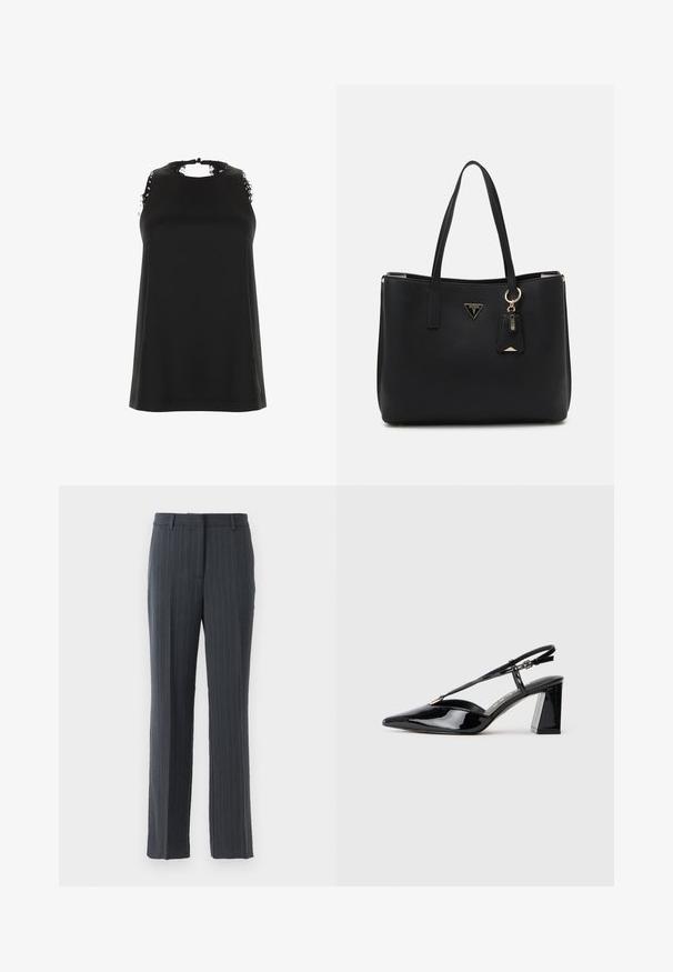 Črna brezrokavnica z visokim ovratnikom, ki vključuje raztrgane čipkaste detajle na rameni in gladko, mehak material.; Temno sivi ravni hlače s črtami in pasnimi zankami ter sprednjim zadrgo na belem ozadju.; Črne lakirane slingback visoke pete z ostrim nosom, nastavljivim trakcem in debelim pravokotnim peto.; Črna torba iz teksturiranega sintetičnega materiala, opremljena z dvema ročajoma, z zlatim logotipom in majhno oznako z detajlom v kontrastni barvi.