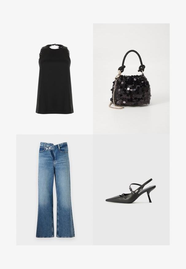 Crni bezrukavi top s visokim izrezom, s izabranim čipkastim detaljima na ramenima i glatkom, mekanom teksturom.; Svijetloplave traperice s izrezom i visokim strukom, s dva gumba i prednjim džepovima. Tkanina ima izblijeđenu teksturu s suptilnim varijacijama.; Crne kožne štikle sa otvorenom petom, s uskim vrhom i dekorativnom kopčom na gornjem dijelu. Glatka tekstura i elegantan dizajn.; Crna mini torbica sa šljokicama, s čvorastim teksturiranim remenom i srebrnim lancem. Zaobljenog oblika s naboranim vrhom i reflektivnim detaljima.