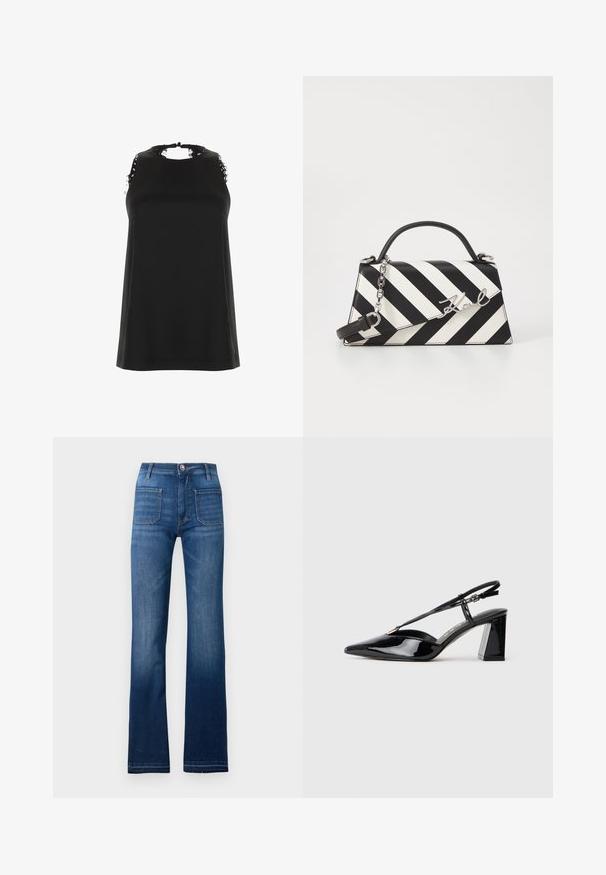 Mustat hihattomat paikat korkean kaula-aukon kanssa, joissa on rispaantuneet pitsikoristeet hartioilla ja sileä, pehmeä tekstuuri.; Siniset farkut, joissa on leveä lahje, viisi taskua, nappikiinnitys ja näkyvät ompeleet saumoissa. Farkuissa on myös hieman haalistunut pinta.; Musta patenttiliimainen slingback-korkokenkä, jossa on terävä kärki, säädettävä hihna ja paksu suorakulmainen korko.; Mustikkamustavalkoinen raita käsilaukku, jossa on jämäkkä muoto, ylhäällä oleva kahva, irrotettava ketjuhihna ja metallinen logoelementti.