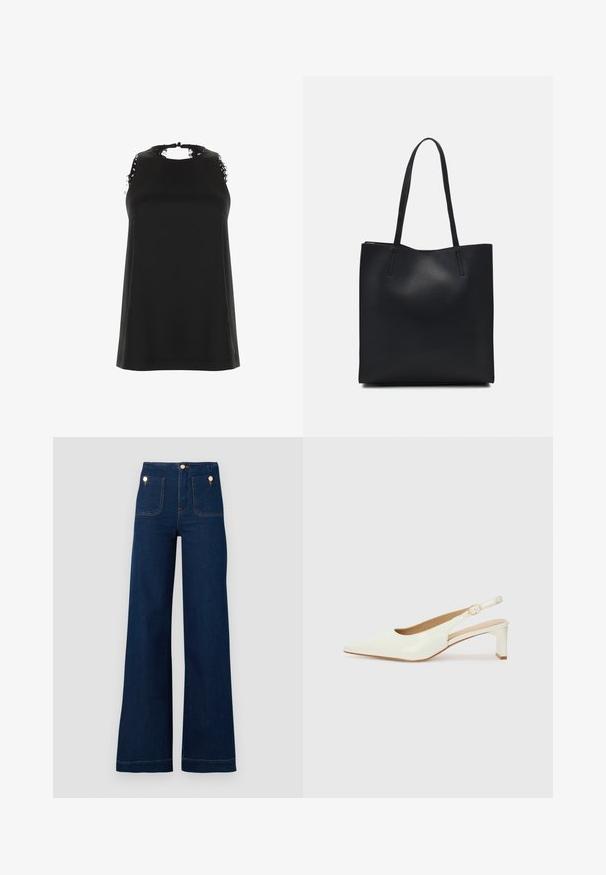 Fekete, ujj nélküli felső, magas nyakkivágással, amely szakadt csipke díszítéssel rendelkezik a vállaknál, és sima, puha tapintású.; Sötétkék, széles szárú magas derekú farmernadrág, arany gombbetétekkel, két elülső és két hátsó zsebbel, valamint kontrasztos varrási részletekkel. Texturált farmeranyag.; Fehér lakkbőr slingback cipő, hegyes orral és alacsony blokk sarkal. Finom pánttal rendelkezik, arany színű csattal.; Fekete bőrtáska sima felszínnel, téglalap alakú, két hosszú füllel. Nincs látható fémkiegészítő vagy díszítés.