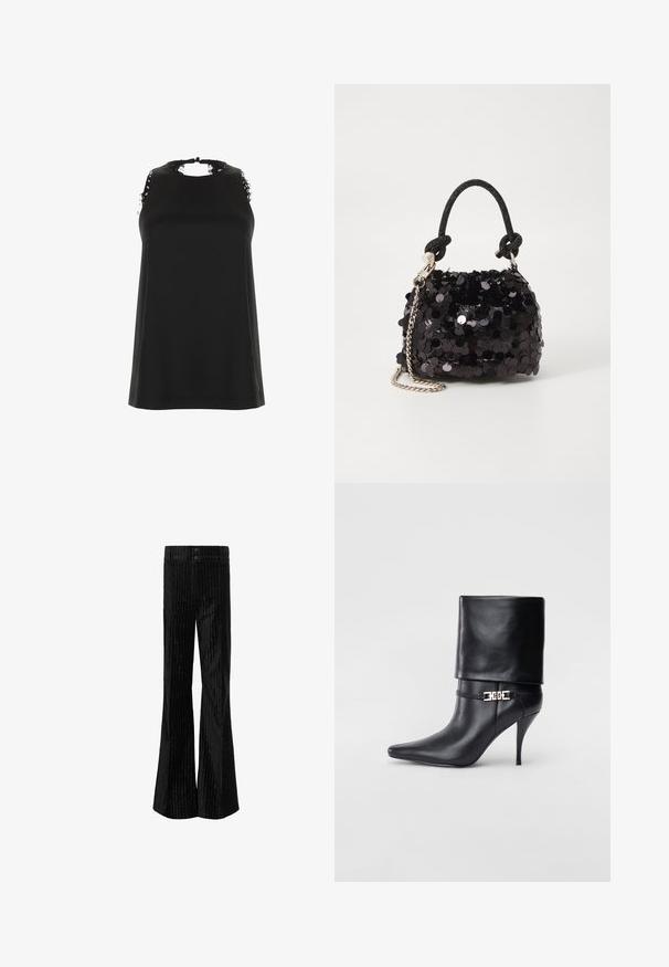 Černý top bez rukávů s vysokým výstřihem, zdobený třepícími se krajkovými akcenty na ramenou a jemnou, hladkou texturou.; Černé rozšířené kalhoty s vertikálními bílými pruhy, vyrobené z měkkého materiálu s hladkou texturou. Obsahují dva knoflíky v pase.; Černé kožené kotníkové boty s špičatou špičkou, vysokým stiletto podpatkem, ohrnovací manžetou a zlatým ozdobným přezkovým detailem na kotníku.; Černá mini kabelka s flitry, s uzlovým texturovaným popruhem a stříbrným řetízkem. Zaoblený tvar s nařaseným vrchem a reflexními detaily.