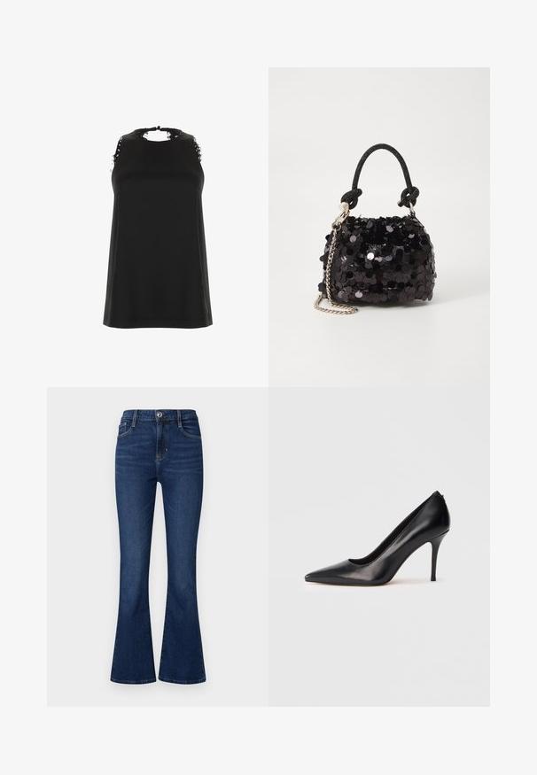Black sleeveless top with a high neckline, featuring frayed lace accents on the shoulders and a smooth, soft texture.; Flared blue denim jeans with a high waist. Features a front button and zipper closure, five pockets, and stitching details.; Black leather high-heeled pump with a pointed toe, smooth texture, and a sleek design. Features a slim, elevated heel and a low-cut front.; Black sequin mini handbag with a knotted textured strap and silver chain. Rounded shape with gathered top and reflective detailing.
