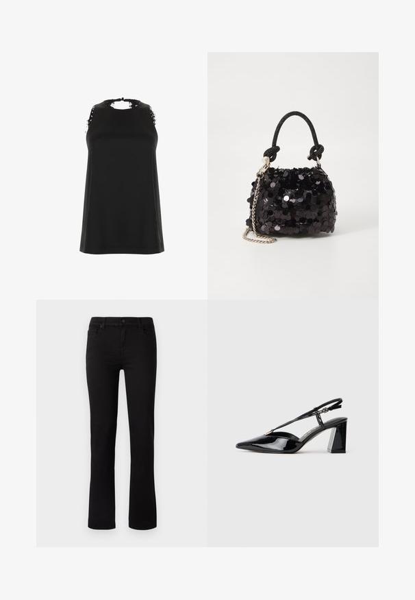 Juodas be rankovių viršus su aukštu iškirpimu, kuriame yra nutrintų nėrinių akcentų ant pečių ir lygi, švelni tekstūra.; Juodi džinsai su tiesiu kojų dizainu, priekyje užsegamu mygtuku, dviem priekinių kišenėmis ir lygiu paviršiumi.; Juodos lakinės odos aukštakulnės basutės su smailiu pirštu, reguliuojama juosta ir storu stačiakampiu kulnu.; Juodas blizgučių mini rankinukas su mazguotu tekstūruotu dirželiu ir sidabro grandine. Suapvalinta forma su susiraukšlėtopu ir atspindinčiomis detalėmis.